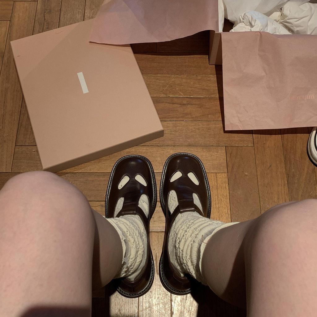 Cowhide Version~ British Style Hollow Leather Platform Small Leather Shoes Women's Spring Big Head Loafers Mary Jane Single Shoes Leather Shoes