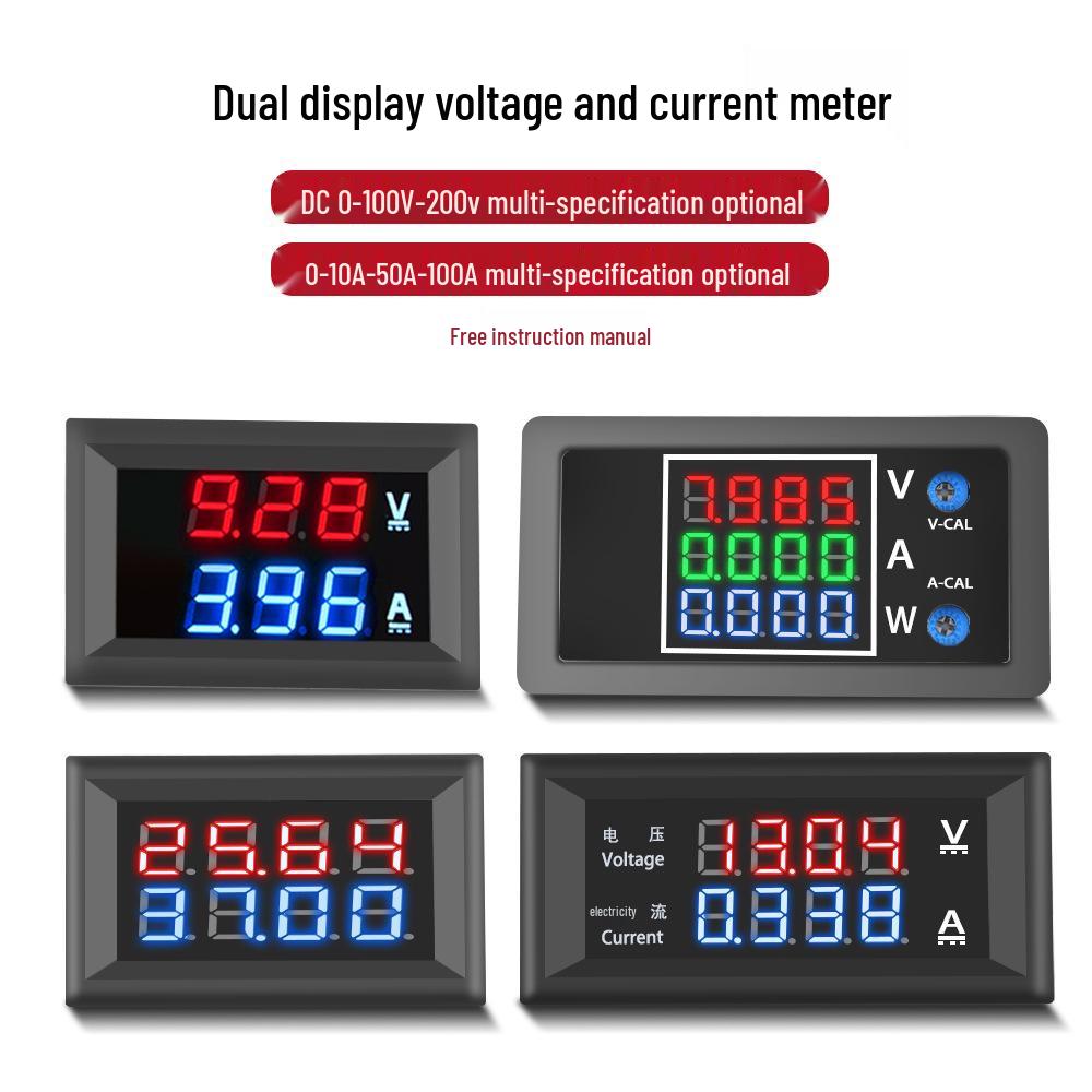 Digital LED DC Current Voltage Meter, Dual Display: 0-100V/200V, 10A/50A/100A Ammeter