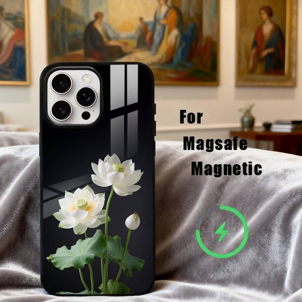 

E-Emerald W-White Lotus Phone Case For iPhone17,16,15,14,13,12,11 Plus,Pro Max Magnetic For Magsafe Wireless Charging iPhone17