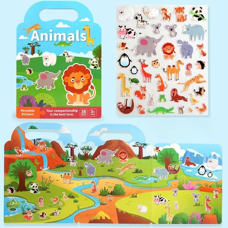 Reusable Scene Sticker Book DIY Puzzle Quiet Busy Paste A Book Cartoon Animal Learning Cognition Toys For Kids Gift
