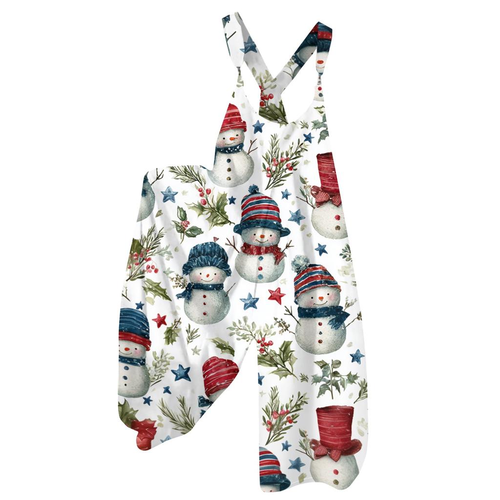 Women's Summer Suspender Jumpsuit with Retro Christmas Print and Non-Adjustable Straps