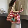 Cute Cartoon Embroidered Puppy Shoulder Bag Fashion Striped Canvas Hand-Held Underarm Bag Large Capacity Commuter Tote Bag