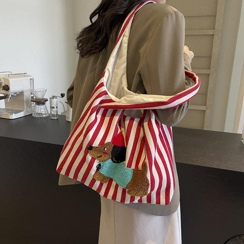 Cute Cartoon Embroidered Puppy Shoulder Bag Fashion Striped Canvas Hand-Held Underarm Bag Large Capacity Commuter Tote Bag