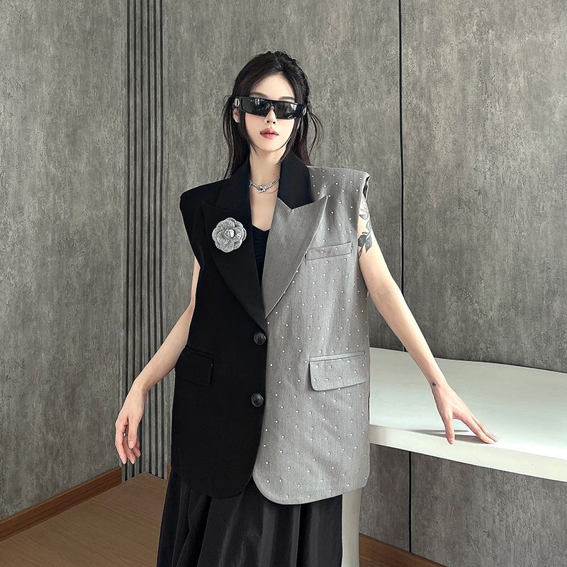 Strass Farbblock Locker Ärmelloser Blazer Weste Sommer Damen Nische Luxus Design Layering Oberbekleidung Weste