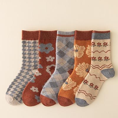 5 Paar Damen Neue Herbst Winter Vintage Hofstil Jacquard Nationaler Windpfeifenwolle Socken