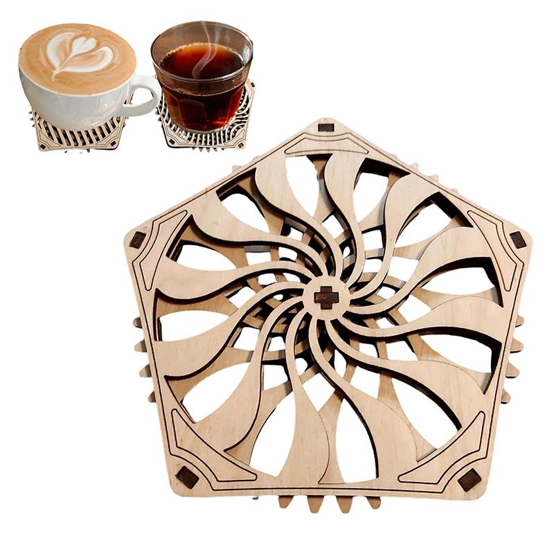 Kinetic Coaster Handmade Unique Pentagram Design Swivel Wooden Coasters Subtle Spiral Texture For Home/Office Decor Gifts