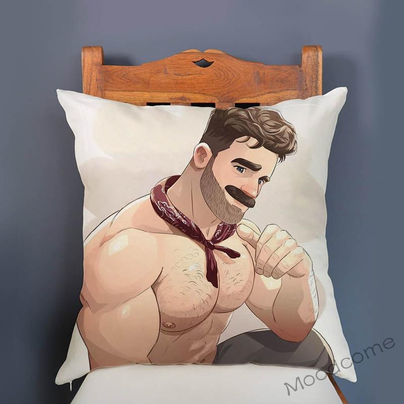 Super Sexy Hot Masculine Male Muscle Hairy Bear Man Cartoon Gay Art Soft Velvet Sofa Pillow Case Cozy Boyfriend Cushion Cover