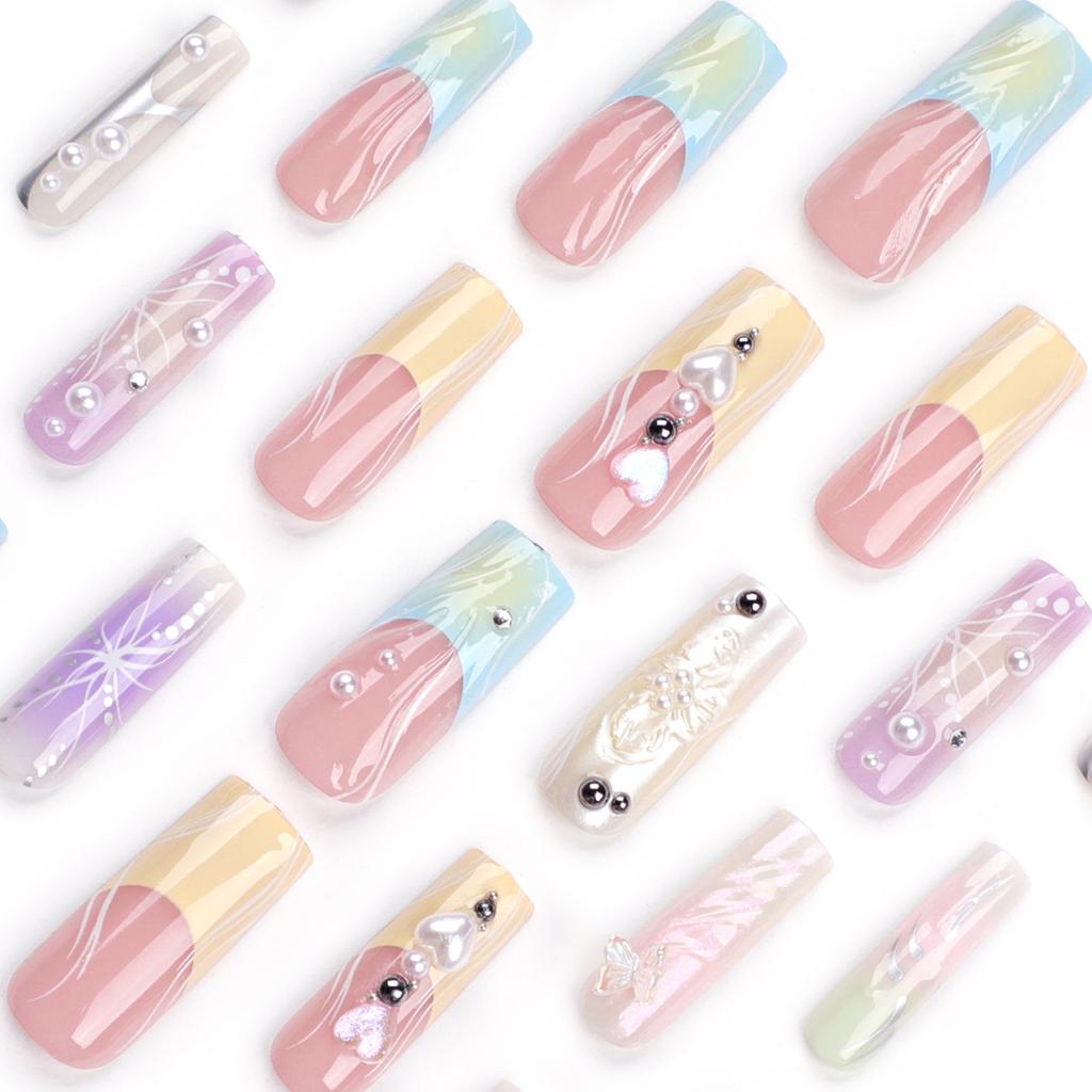 24 Stück French 3D bunte Nagelplatten mit verschmiertem Y2K-Schmetterlingsmuster, quadratische Maniküre-Nagelpatches