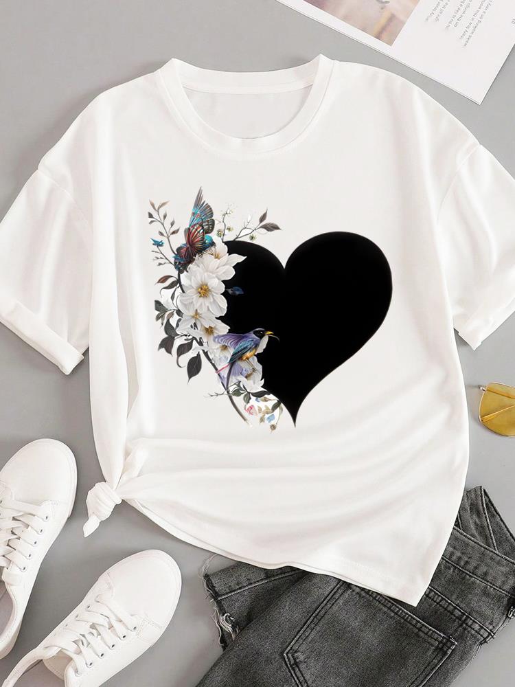 (Asian Size) trend love flower Short Sleeve T-shirts Women's Top T Female Print  Fashion O-neck Casual Clothing  Graphic Tee