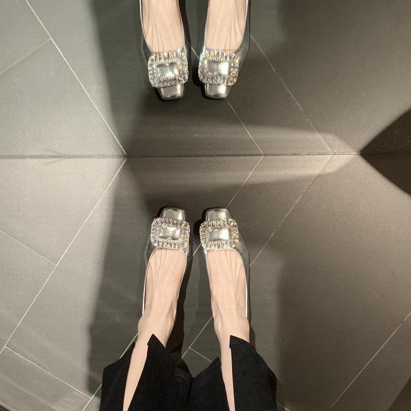 Shoes Square Head Extravagant Rhinestone Square Buckle Shallow Mouth Commuter Low Heel Single Shoes Women