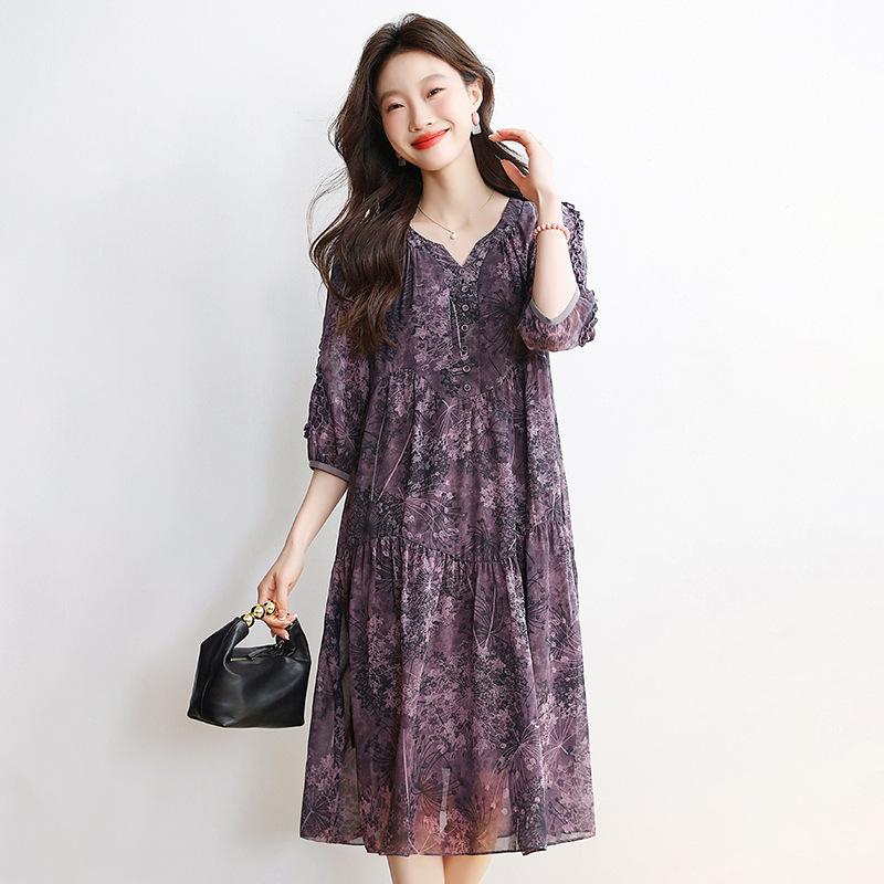Light and mature temperament floral chiffon dress women's summer new loose belly covering and thin dress skirt