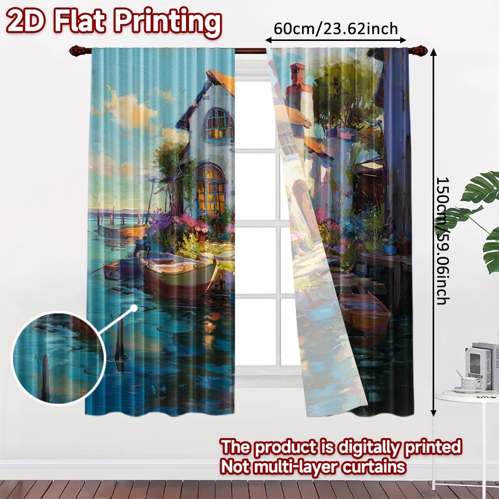 2pcs, 2D FLAT PRINTING Curtains (Without Rod) Fairy Cottage Christmas Festival Chic Print Curtains Prints Light Filtering