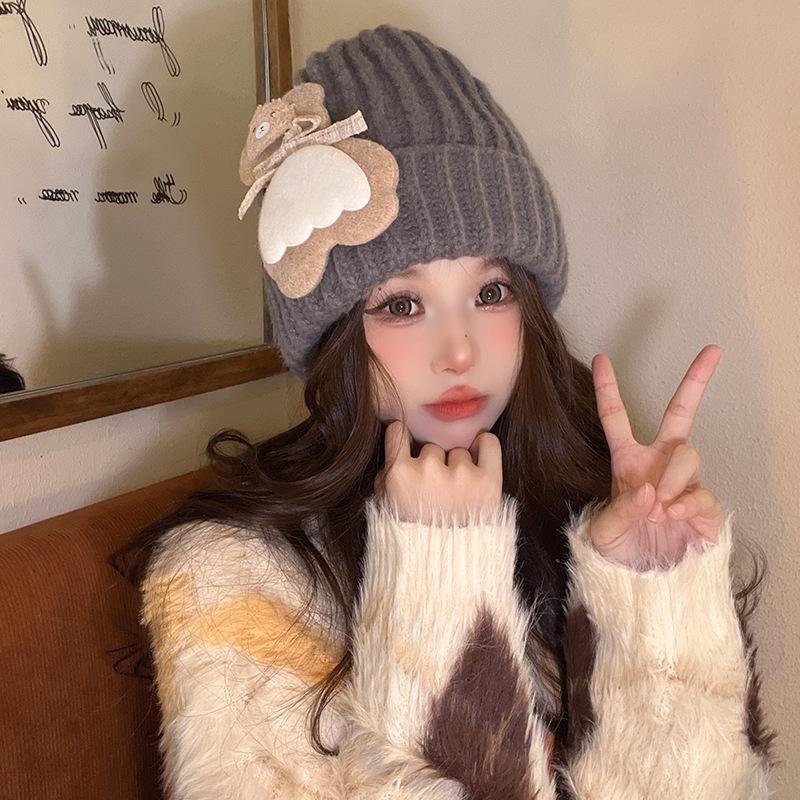 New Autumn and Winter Hat for Women's Bear Patch Wool Hat Korean Version of Versatile Warm Ear Protection Cute Knitted Hat Trendy