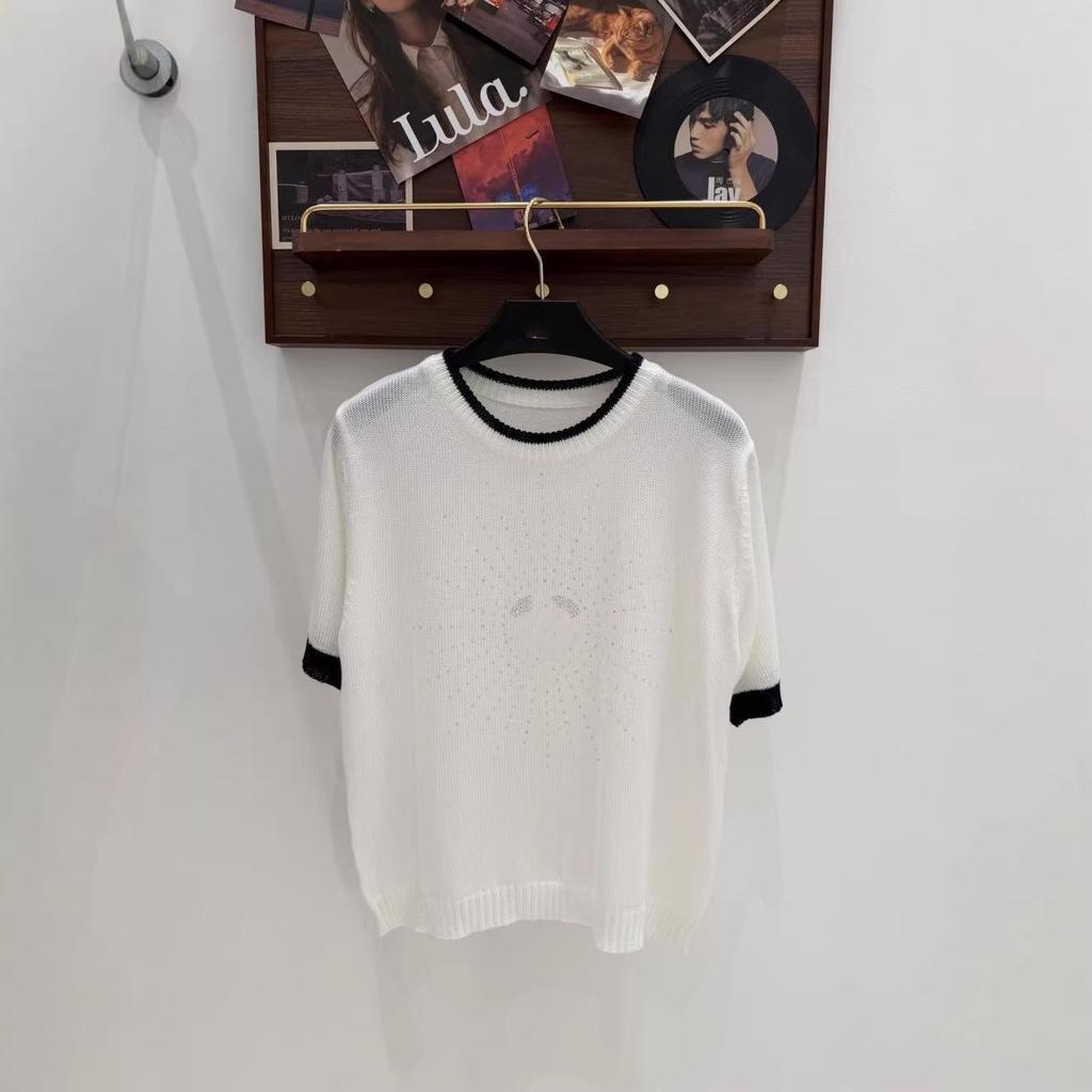 European Style Rhinestone Round Neck Knit Short Sleeve Casual Top - Summer 2026