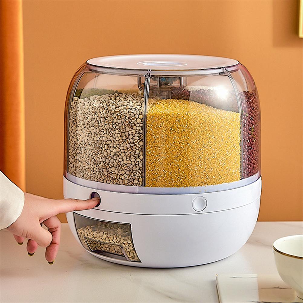 Food Grain Storage Container 6 Grid Rice Dispenser Rotatable Sealed Grain Food Storage Box Large