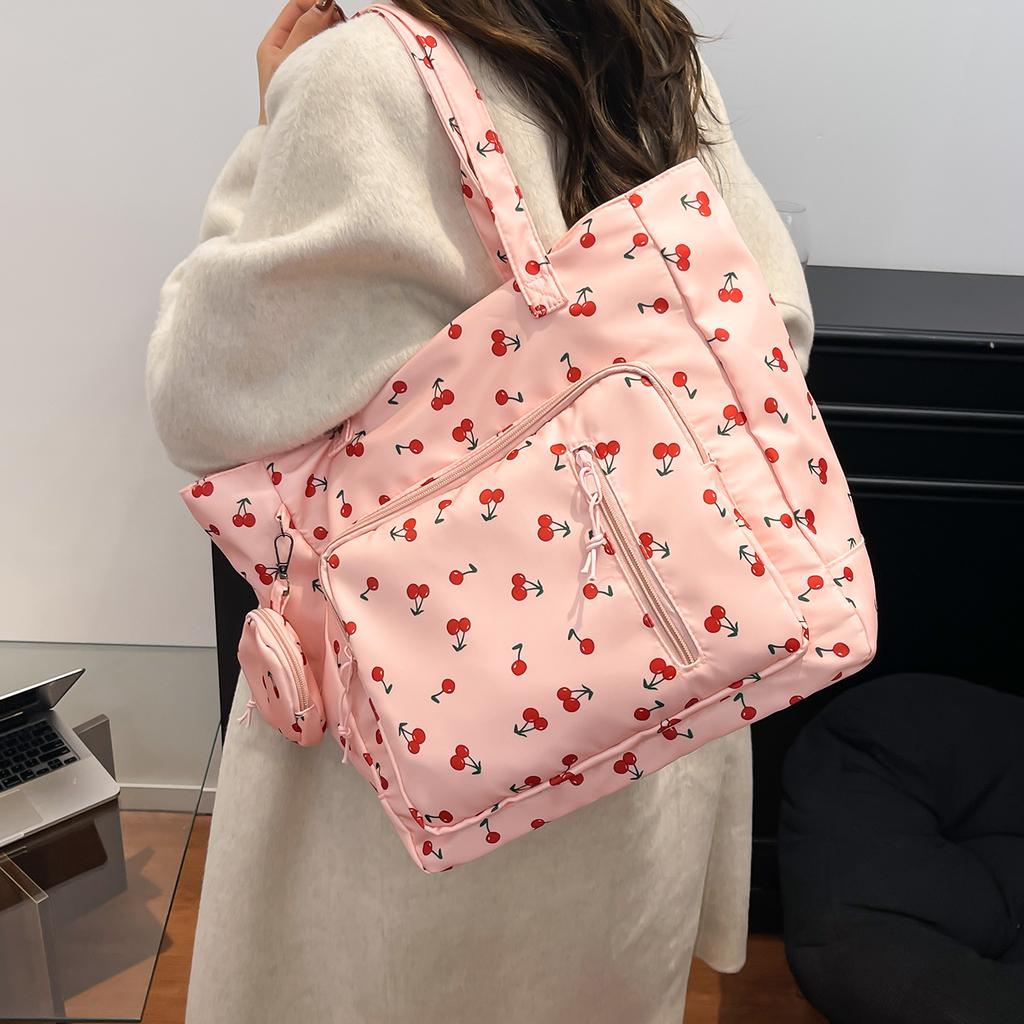 Fashion Cherry Print Nylon Shoulder Bag for Women Large Capacity Multi-Pocket Tote Handbag Versatile Outing College Bag