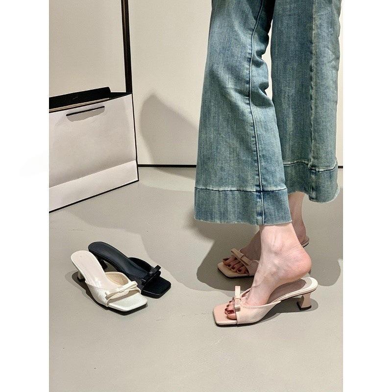 High heels French square head one-word slippers women's outer wear 2025 new summer temperament bow sandals