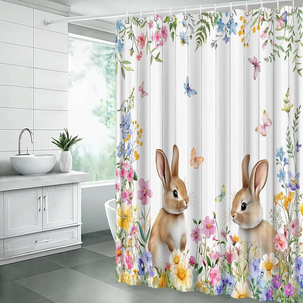 Spring Easter Bunny Shower Curtains Cute Rabbits Watercolor Flower Floral Butterfly Nature Happy Easter Holiday Fabric Bathroom Fabric Curtain with