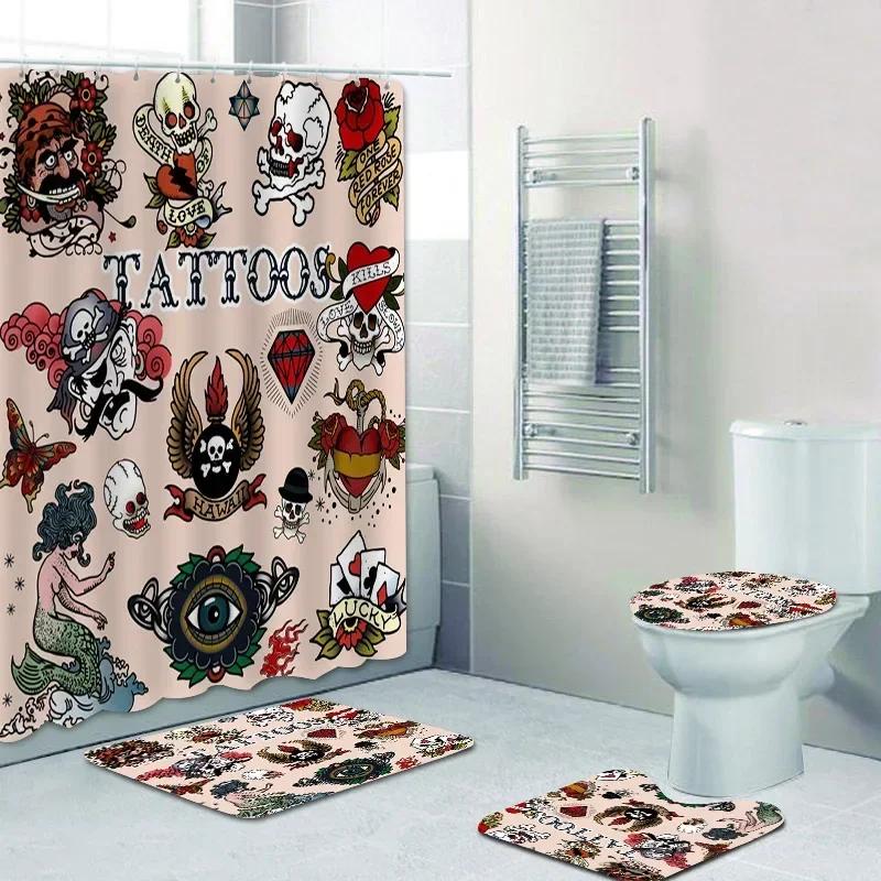 

Old School Tattoo Art Shower Curtain Set For Bathroom Vintage Punk Skull Anchor Dagger Curtains Rug Mat Halloween Decor W60H190(CM)-1 Pcs