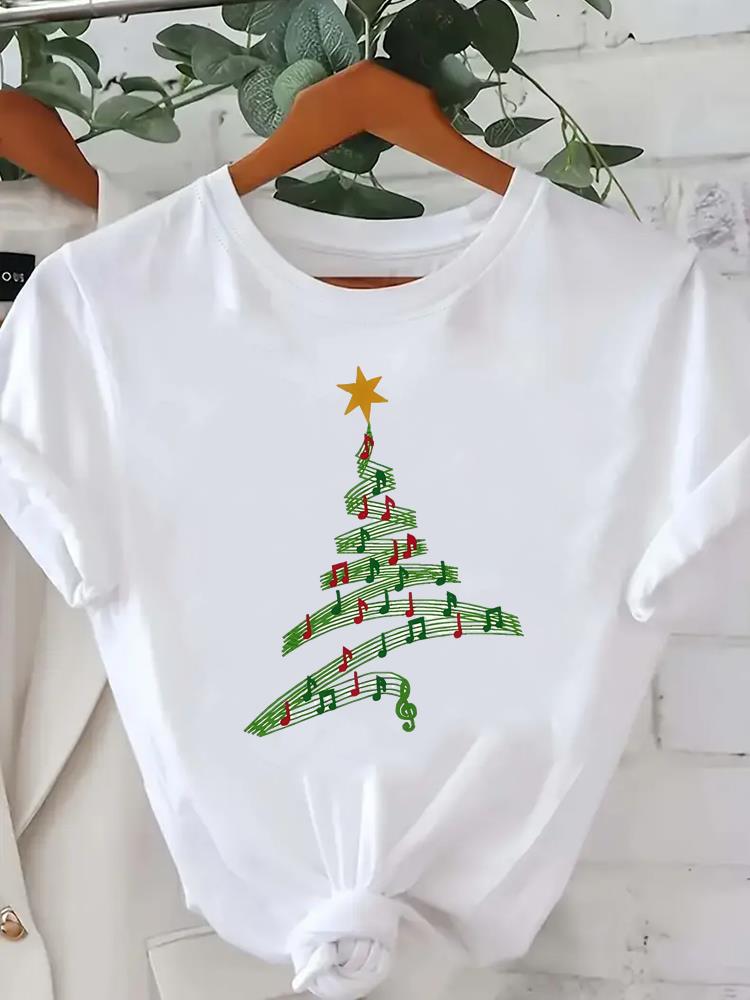 (Asian Size) Watercolor Cute 90s Short Sleeve T-shirts  Print Merry Christmas O-neck Women's Top New Year T Clothing Fashion Holiday Graphic Tee