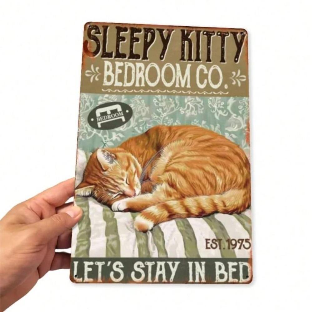 Vintage Metal Tin Sign Sleeping Cat Wall Decor Retro Iron Poster for Living Room
