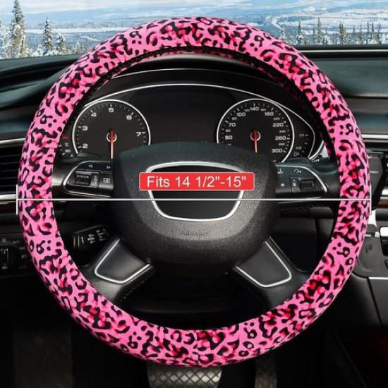 Leopard Plush Steering Wheel Cover for Woman Girl, Universal 15 Inch, Pink