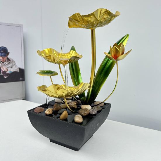 Golden Lotus Leaf Fountain Decoration 3-Tier Indoor Flower Leaves Relaxation Waterfall Fountain Fish Tank Home Office Living Room Desktop Fengshui