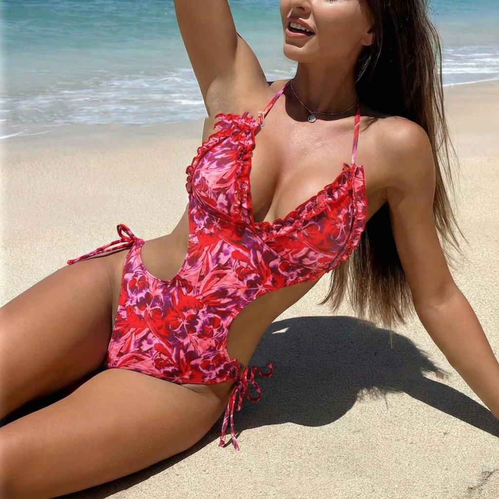 Women's Sexy One-Piece Swimsuit, Figure-Hugging Gathered Bust, Drawstring Cinched Back, Vintage Print, Plus Size Bathing Suit