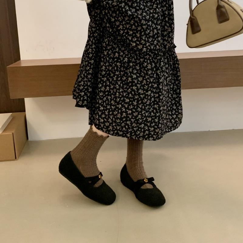 2025 Autumn and Winter New Round Head Bow Inner Slope Heel Velvet Warm Mary Jane Women's Shoes