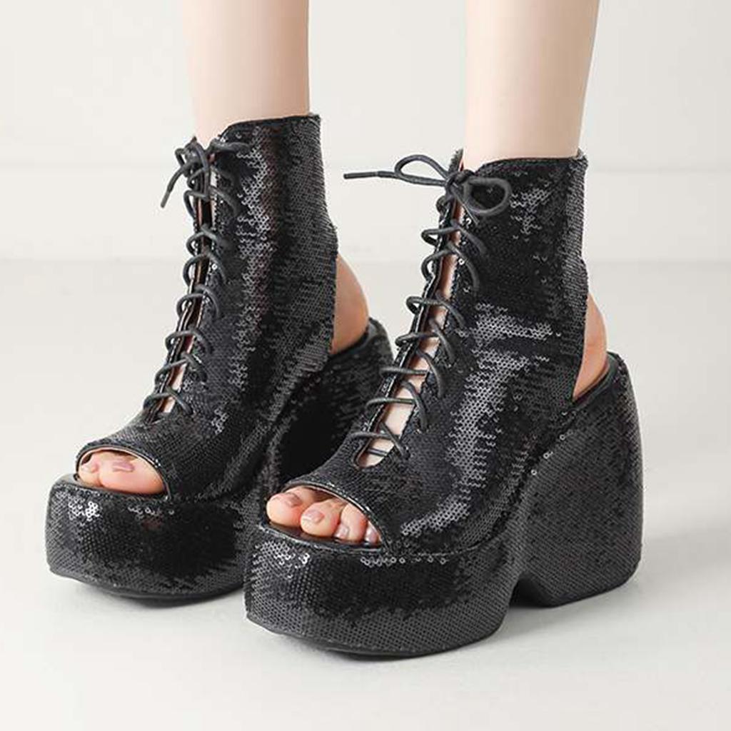 Krazing Pot Sequin Cloth Spring Summer Size 43 Size 42 Women Platform Women Peep Toe Toe Sexy Summer Boots lace up Pumps