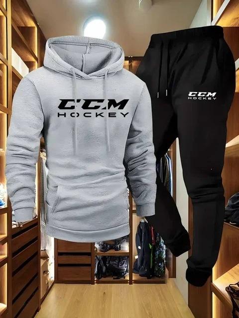 Groothandel CCM Bedrukt Heren Casual Sport Tweedeelig Pak Lange Mouw Hoodie en Joggingpak