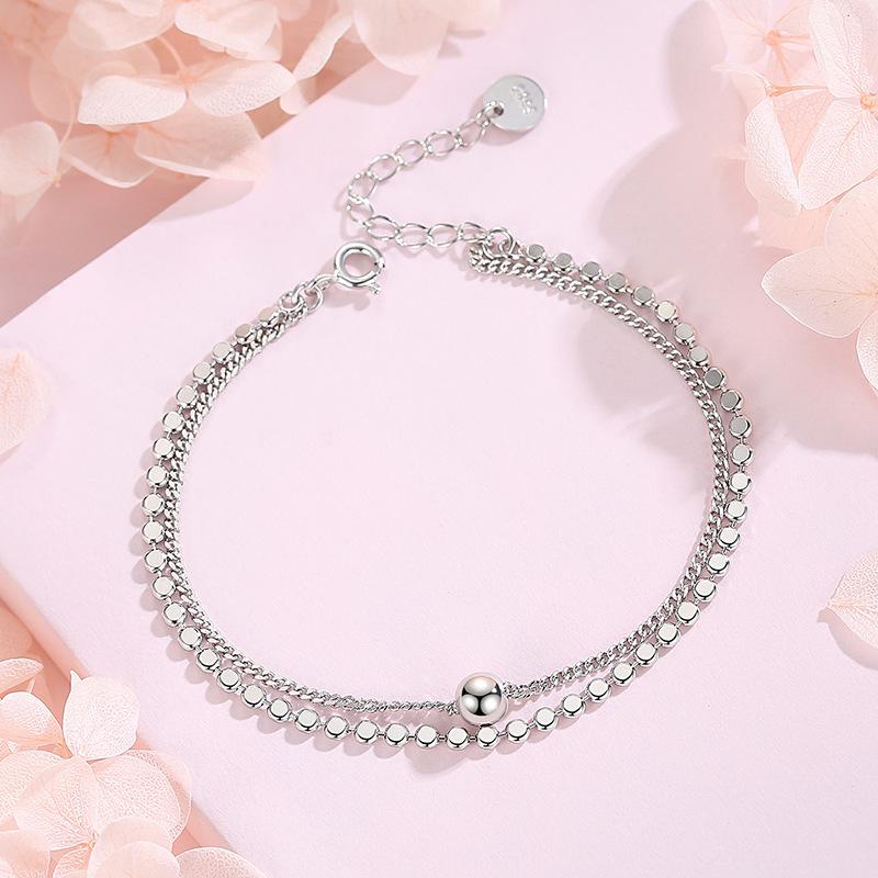 Fashionable Light Luxury Double Layered Wind Bracelet Sterling Silver S925 Cross Bead Bracelet for Women Simple Niche Design Internet Celebrity