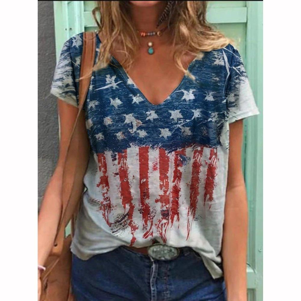 Summer Women’s Fashion Vintage Stripe Print 3D Printed T-shirt Loose Breathable Plus-size Casual Sports Versatile V-neck Short-sleeve T-shirt S