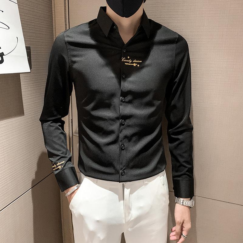 Men s Embroidered Letter Logo Slim Fit Long Sleeve Button Down Shirt Casual Business Top S чёрный