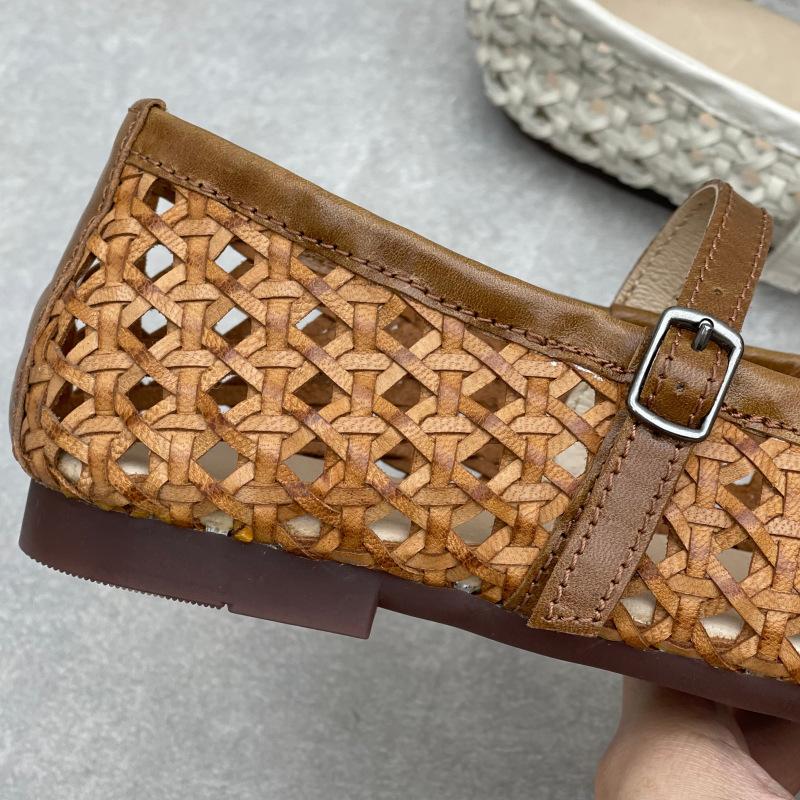 Johnature Handmade Cowhide Woven Hollow Women's Shoes Breathable Comfortable Genuine Leather Flat Sandals