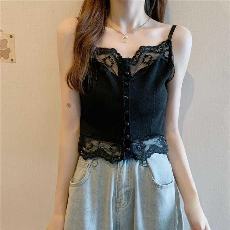Korean-French Lace Patchwork Knit Camisole - Women's Trendy High Waist Short Top (Summer 2026)