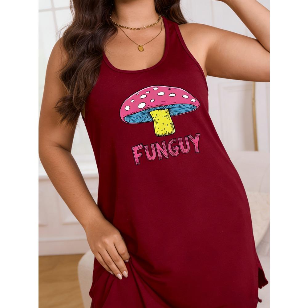 

Women s plus-size cartoon mushroom letter print dress, sleeveless round-neck casual dress, women s clothing 4XL