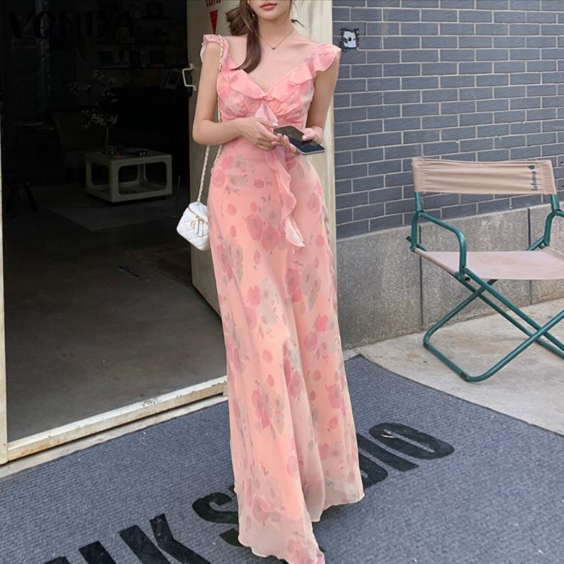 

VONDA Женское платье на бретелях, без рукавов, с цветочным принтом, оборками, повседневное, для вечеринки, в богемном стиле, длинное 5XL розовый