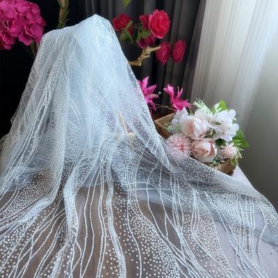 Tecido de Renda com Lantejoulas e Glitter Estampado Ondulado Bronzeado a Ferro Material Poliéster Tecido para Vestido de Noiva Festa de Casamento Noite Têxtil DIY