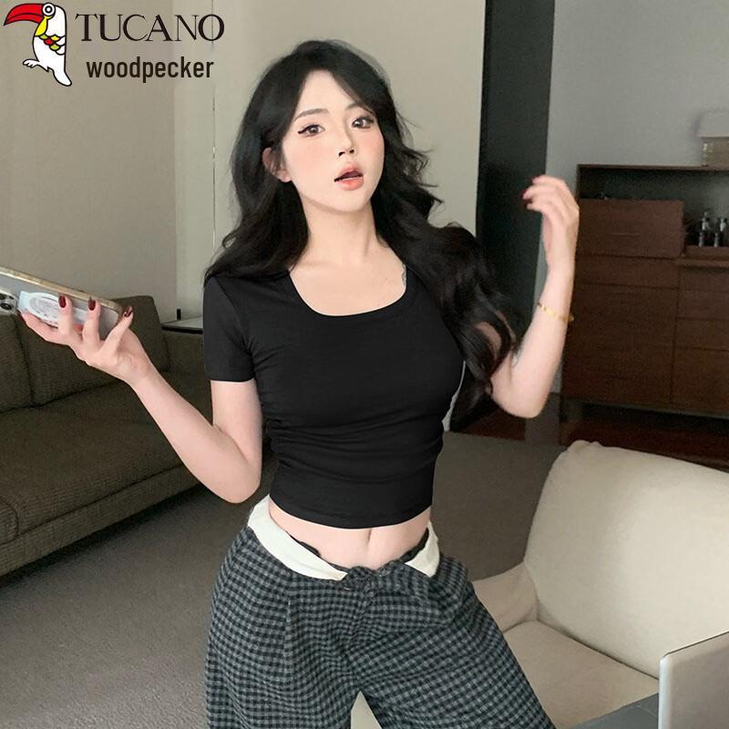 Women s Slim Fit Ribbed Square Neck Short Sleeve T-Shirt S