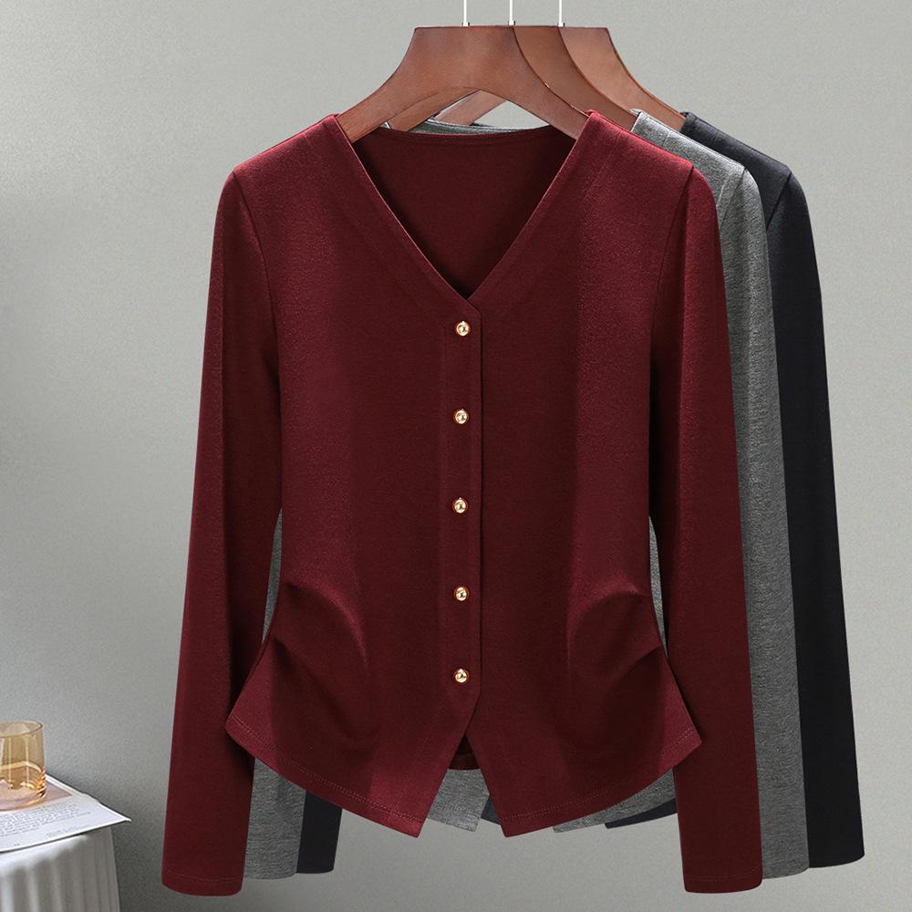 Autumn women's clothing new long-sleeved femininity shoulder solid color t-shirt design top