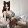 Sexy Lingerie Hot Girl Low-cut Splicing Fur Design Slim Backless Short Slimming Hip Skirt Suit