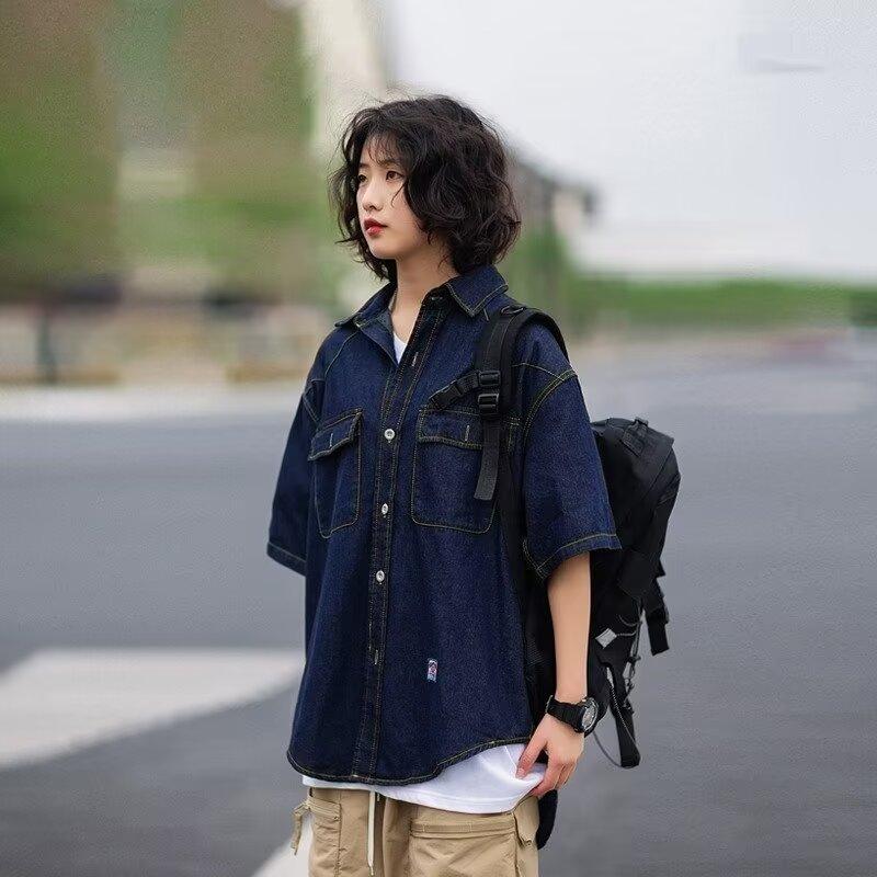 Japonská retro módní značka Letní volná džínová košile s krátkým rukávem Umělecká košile pro mladé Pracovní oděv Pánská a dámská vrstvená bunda