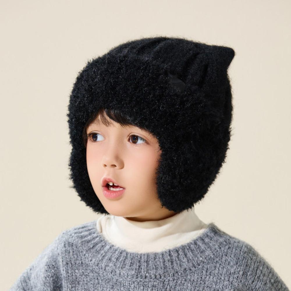 Ribbed Knit Knit Earflap Beanie Plush Lining Cat Ear Beanie New Plush Lined Hat For Children