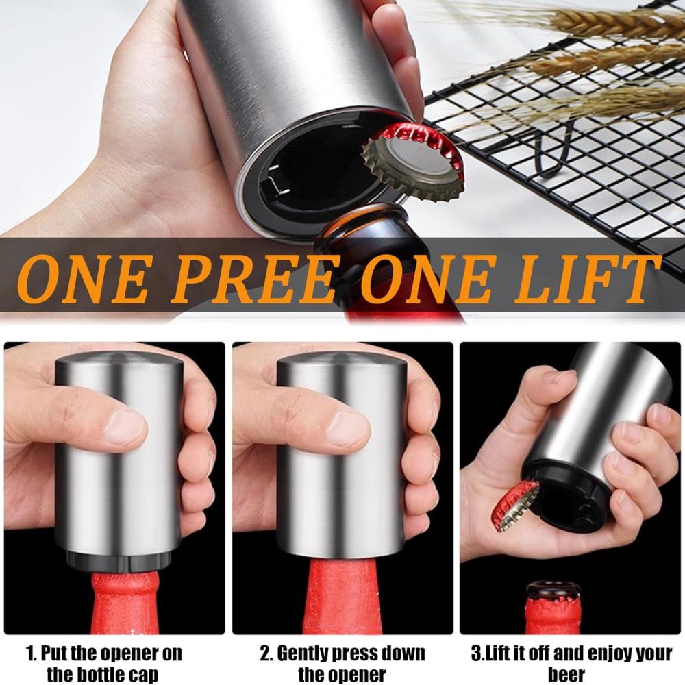 Beer Bottle Opener, Top Bottle Opener with Automatic Stainless Steel Quick Ejection Magnet To Capture Undamaged LIDS, Wine Acces