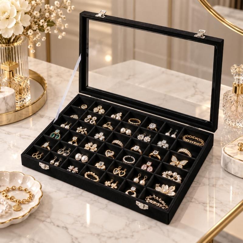 Soft-Lined Jewelry Storage Tray with 48 Sections, Adjustable Dividers, and Clear Cover for Dresser or Drawer Storage