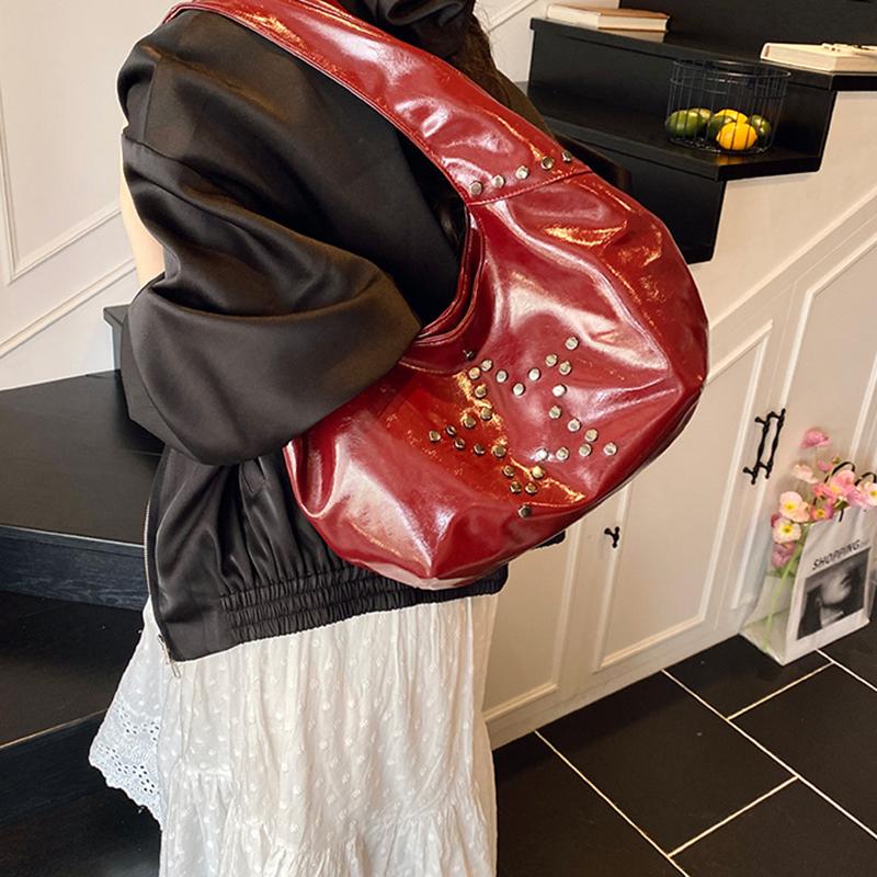 Retro Star Rivet Tote Bag Solid Pu Leather Shoulder Bag Large Capacity Female Casual Shopping Underarm Pack Lady Handbag
