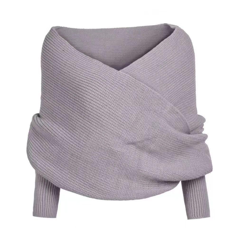 European & American Double Sleeve Off-the-Shoulder V-Neck Knit Scarf for Women