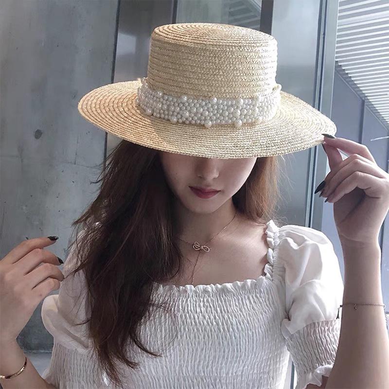 Handwoven Women Pearls Band Summer Fdora Boater Hat Vacation Beach Straw Hat Hepburn Style Summer Sun Hat Kentucky Derby Church