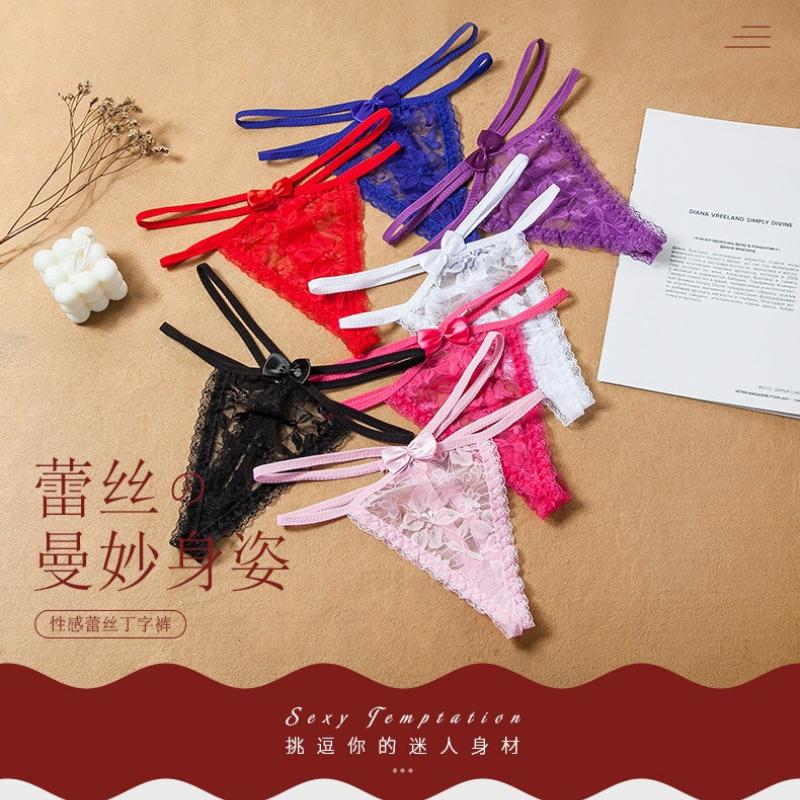 Women Sexy Bow Crotchless Panties Soft Floral Lace Sheer G-String Mesh Hollow Out Thongs T-Back Underwear Low Rise Underpant